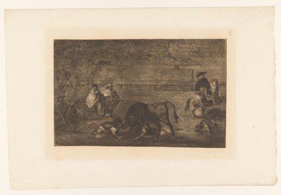 Okse angrepet av hunder Les chiens lâchés sur le taureau Tyrefekter (serietittel) La Taureaumachie (serietittel) La Tauromaquia (serietittel) av Francisco de Goya