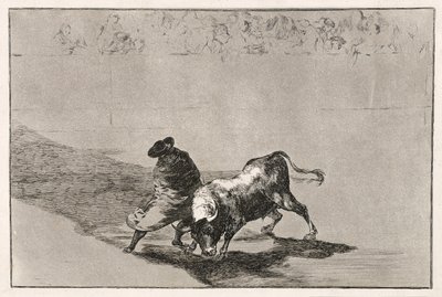 The Clever Student of Falces irriterer oksen ved å bevege seg innhyllet i kappen sin, 1814-16 av Francisco de Goya