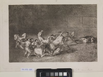 To lag med picadorer blir en etter en veltet av en enkelt okse av Francisco de Goya