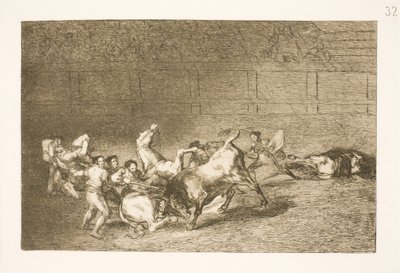 To lag med picadorer blir en etter en veltet av en enkelt okse av Francisco de Goya
