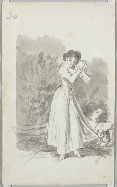 Ung kvinne vri hendene over en manns nakne kropp (verso) av Francisco de Goya