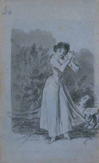 Ung kvinne vri hendene over en manns nakne kropp verso, 1796-97. av Francisco de Goya