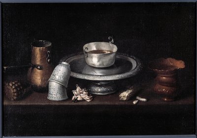Stilleben sjokolade frokost av sjokolade kopp, kopper. Maleri av Francisco de Zurbaran (1598-1664). Besançon fra 1600-tallet, Museum of Fine Arts av Francisco de Zurbaran