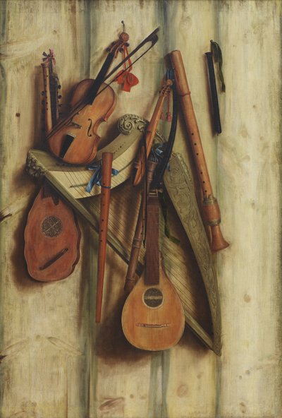 Brettskillevegg med musikkinstrumenter. Trompe l