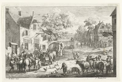 Landsbyutsikt med reisende og storfehandlere på vertshuset av Franciscus de Bargas