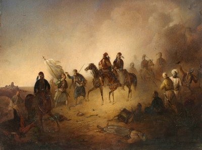 Markos Botzaris (Botsaris) (vers 1788-1823) i slaget ved Karpenisi, natt til 8. august av Franciszek Tomasz Tepa