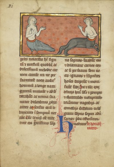 En sirene og en kentaur fra et bestiarium Ms Ludwig XV 4, fol. 81v, ca. 1280-1300 (tempera, penn og blekk, bladgull og maling på pergament) av Franco Flemish School