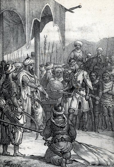 Syvende korstog: Kong Ludvig IX ble tatt til fange i slaget ved Fariskur 6. april 1250 (Syvende korstog: Kong Ludvig IX fange i slaget ved Fariskur, 6. april 1250) Tegning fra "Misteri del Vaticano" av Franco Mistrali av Franco Mistrali
