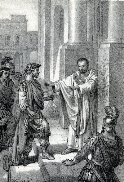 Erkebiskopen Saint Ambrosius av Milano (Aurelius Ambrosius, Ambrogio di Milano (340-397) forbød inngangen til kirken til den romerske keiseren Theodosius I (Flavius Theodosius) (347-395) for å straffe ham for massakren i Thessalonica i 390 - Excommunicati av Franco Mistrali