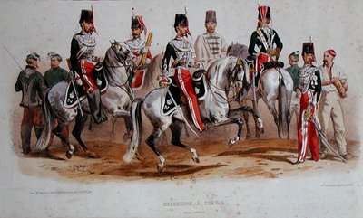Franske kavalerister på det andre imperiets tid (farge litho) av Francois Hippolyte (after) Lalaisse
