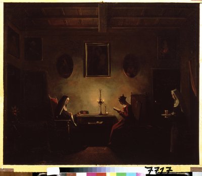 ""Interiør"" Scene i et kloster, en ung jente som leser ved levende lys, to nonner er i rommet. Maleri av Francois Marius Granet (1775-1849) Pushkin-museet fra 1800-tallet, Moskva av Francois Marius Granet