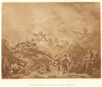 Apollo presiderer ved dans og sanger (gravering) av Francois (after) Boucher