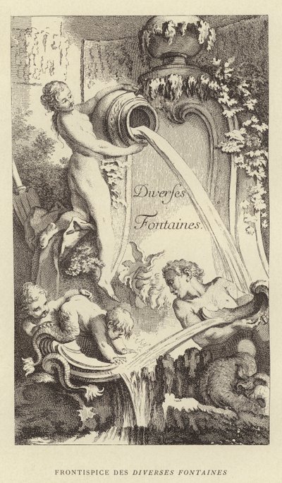 Frontispice av de forskjellige fontenene (gravering) av Francois (after) Boucher