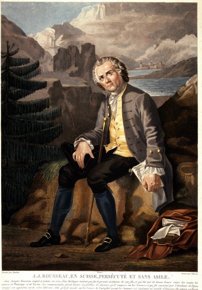 Jean Jacques Rousseau i Sveits, forfulgt og uten asyl. Aquatint av Charon d