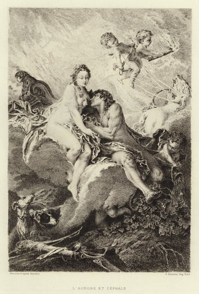 Aurora og Cephalus (gravering) av Francois (after) Boucher
