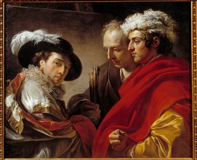 Portrett av tre menn (kunstneren, arkitekten Pierre Rousseau og en ukjent) Maleri av Francois Andre Vincent (1746-1816) 1775 Søn. 0,81x0,98 m . av François André Vincent