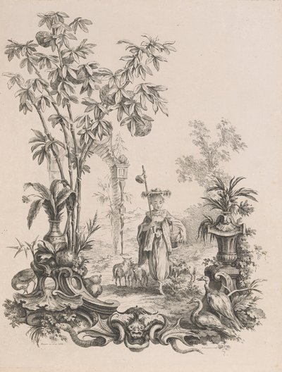 Ung kinesisk jente som går, omgitt av sauene sine, ca.1740-50. av Francois Antoine Aveline