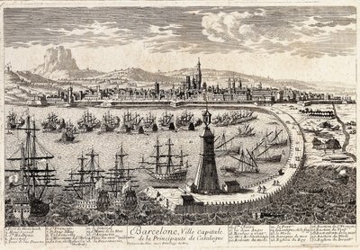 Utsikt over byen og havnen i Barcelona på 1700-tallet. Gravering av Francois Antoine Aveline Barcelona, Museu d
