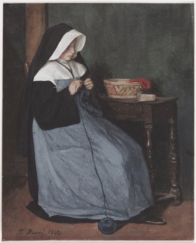En nonne sitter ved et bord og strikker av François Bonvin