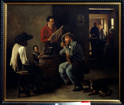 Kabaretinteriør To menn som sitter på en taverna, hører på lesingen av avisen. Maleri av Francois Bonvin (1817-1887) 1859 Arras, Musee des Beaux Arts. av François Bonvin