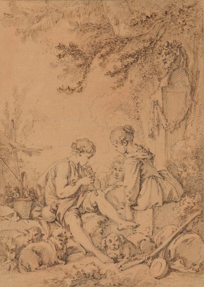En ung gjeter som spiller på fløyte for to unge gjeterinner av François Boucher