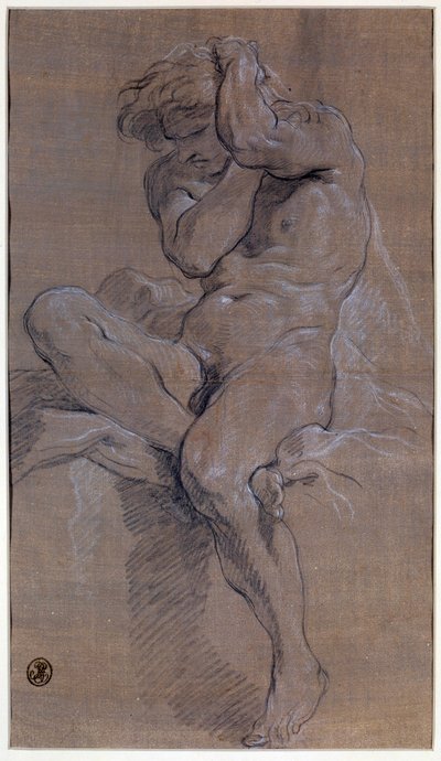 Akademiet for sittende naken mann Tegning i rødt blod av Francois Boucher (1703-1770) Paris fra 1700-tallet, Louvre-museet av François Boucher