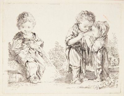 Barn som sitter på en jordklump og De små melkedrikkerne av François Boucher