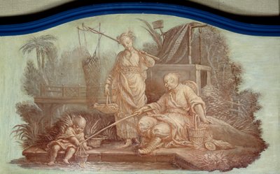 Chinoiserie: Scene for fiske i Kina. Front de porte-tegninger av Francois Boucher (1703-1770) av François Boucher