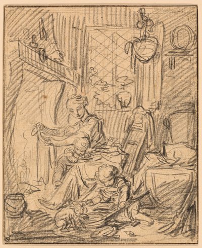 Hjemmescene: Mor med to små barn foran en kappe av François Boucher
