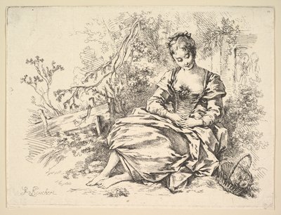 Jente i et landskap med en kurv full av blomster av François Boucher