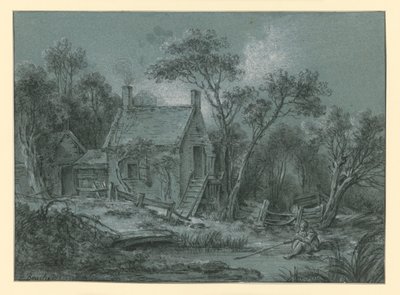 Et hus med en trapp mellom trærne, med en fisker foran av François Boucher