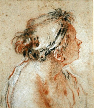 Hodet til en nymfe (svart, hvitt og rødt kritt på lysebrunt papir) av François Boucher