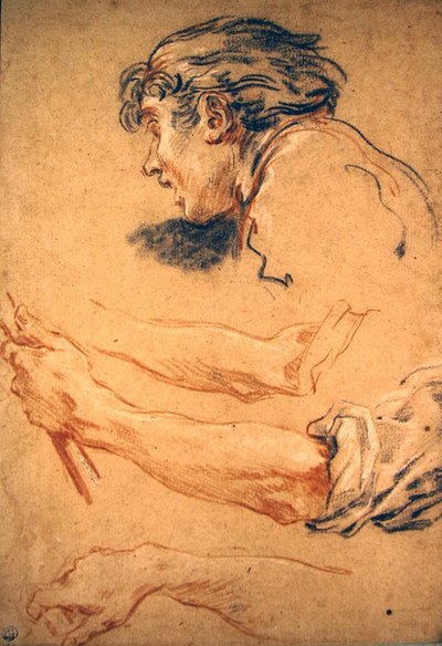 Head of a Shepherd Boy and Studies of his Hand and Arm (svart, rødt og hvitt kritt på papir) av François Boucher