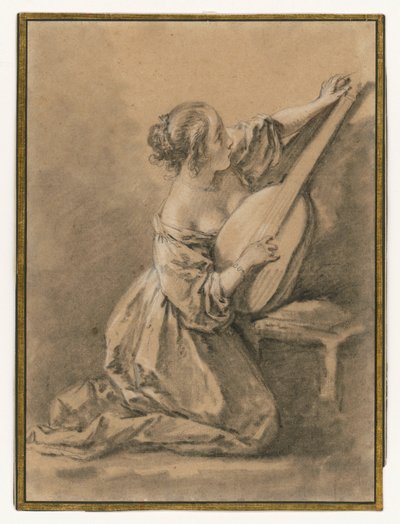 En ung kvinne som sitter på kne og stemmer en lut av François Boucher