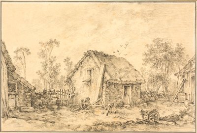 Landskap med rustikk hytte av François Boucher