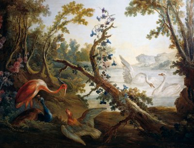 Landskap med svaner, ca 1765, av Francois Boucher (1703-1770), Jean-Baptiste Huet (1745-1811) og Jean Honore Fragonard (1732-1806), detalj fra nordveggen til Salon Demarteau, Paris, Frankrike, Frankrike av François Boucher