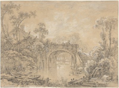 Landskap med en rustikk bro av François Boucher