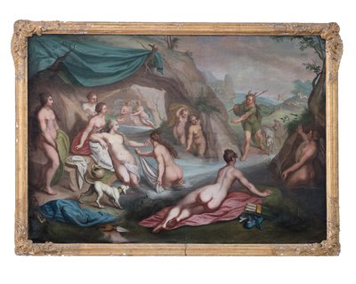 Olje på lerret. Mytologisk maleri: Artemis og hennes følge blir overrasket av Akteion mens de bader av François Boucher