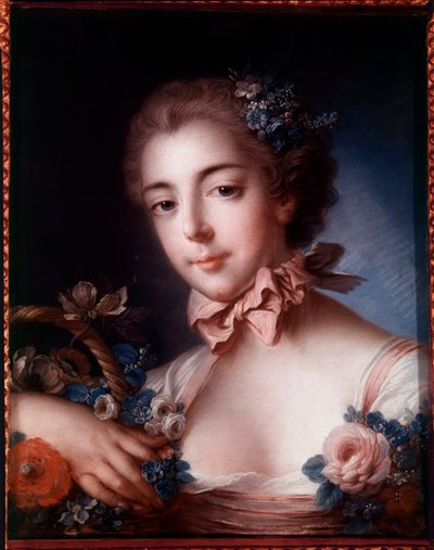 Portrett av en ung kvinne som lener seg på en kurv med blomster. Pastellmaleri av Francois Boucher (1703-1770) av François Boucher