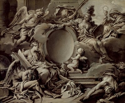 Prosjekt for en kartusj: En allegori over Minerva, berømmelse, historie og tro som overvinner uvitenhet og tid av François Boucher