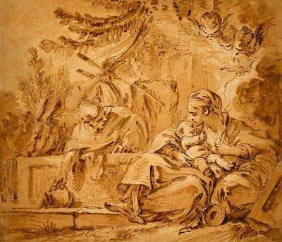 Hvil på flyturen til Egypt (penn og brunt blekk med rosa og brune vasker på papir) av François Boucher