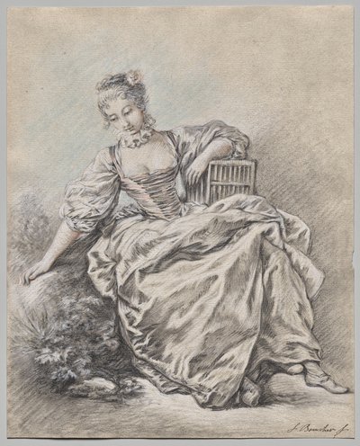 Sittende kvinne som holder et fuglebur av François Boucher
