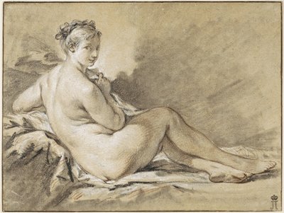 Studie av en naken kvinne - Francois Boucher (1703-1770). Sanguine, svart og hvitt kritt på papir av François Boucher
