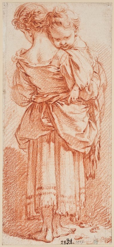 Ung kvinne med et barn på armen, sett bakfra av François Boucher