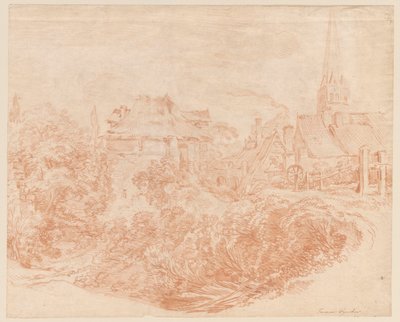 Utsikt over bygninger på landsbygda og kirketårnet av François Boucher