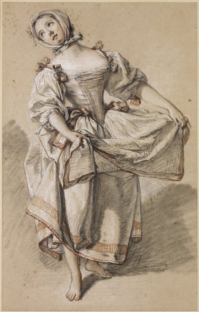 Ung landjente danser, ca. 1765-70 (svart, rødt og hvitt kritt og stubbe på brunfarget papir) av François Boucher