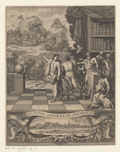 Allegorisk kvinneskikkelse peker ung mann til Mount Parnassus Tittelside for: Jean de Saint-Genies, Ioannis Sangenesii Poëmata, 1654 av Francois Chauveau