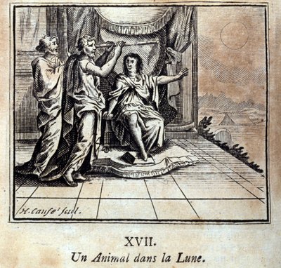 Et dyr på månen. Fabler av Jean de La Fontaine (1621-95). Illustrasjon av Francois Chauveau (1613-1676). Utgave av 1728. av Francois Chauveau