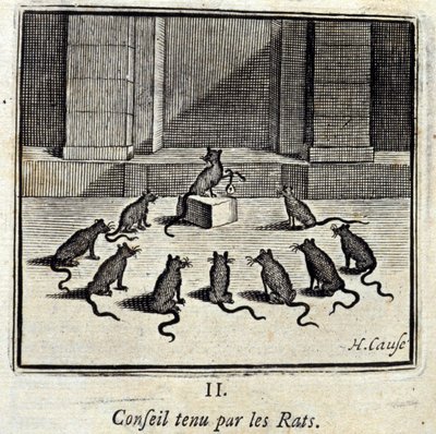 Styre holdt av rottene. Fabler av Jean de La Fontaine (1621-95). Illustrasjon av Francois Chauveau (1613-1676). Utgave av 1728. av Francois Chauveau