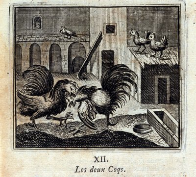 Begge haner. Fabler av Jean de La Fontaine (1621-95). Illustrasjon av Francois Chauveau (1613-1676). Utgave av 1728. av Francois Chauveau